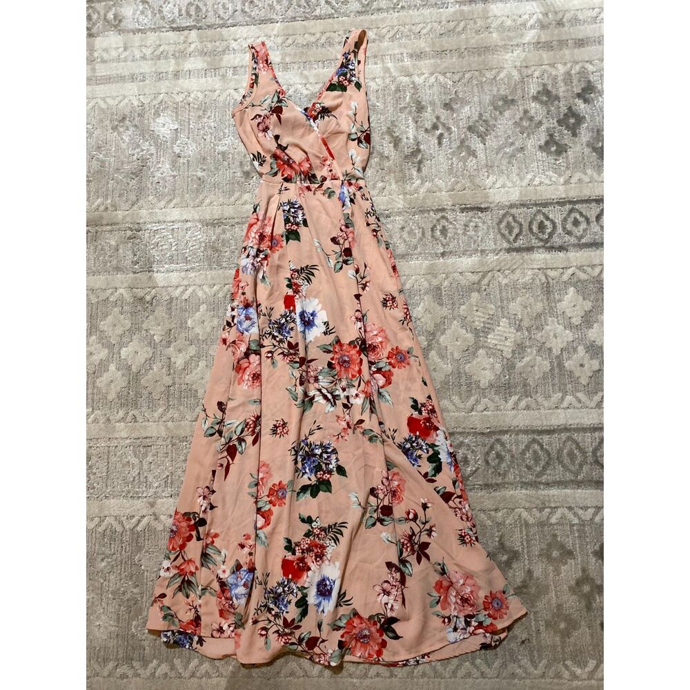 Minette Open Back Peach Floral Maxi Dress With Slit Small
